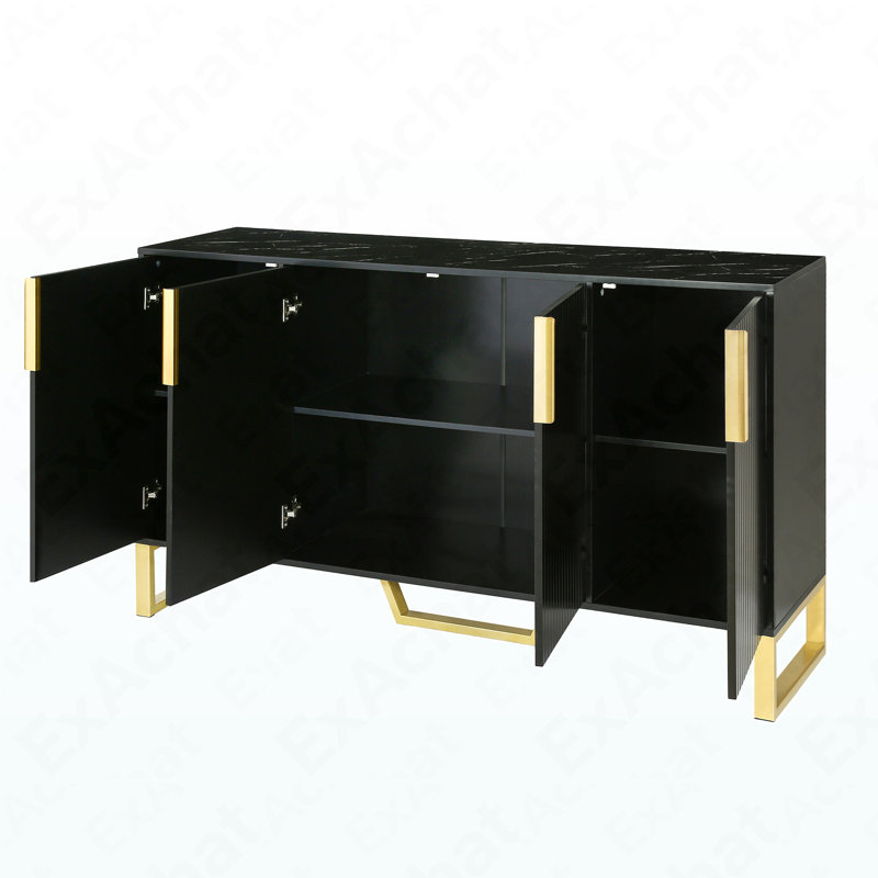 Armoire de cuisine moderne avec quatre portes, poignées et pieds en métal et tablettes réglables (noir)