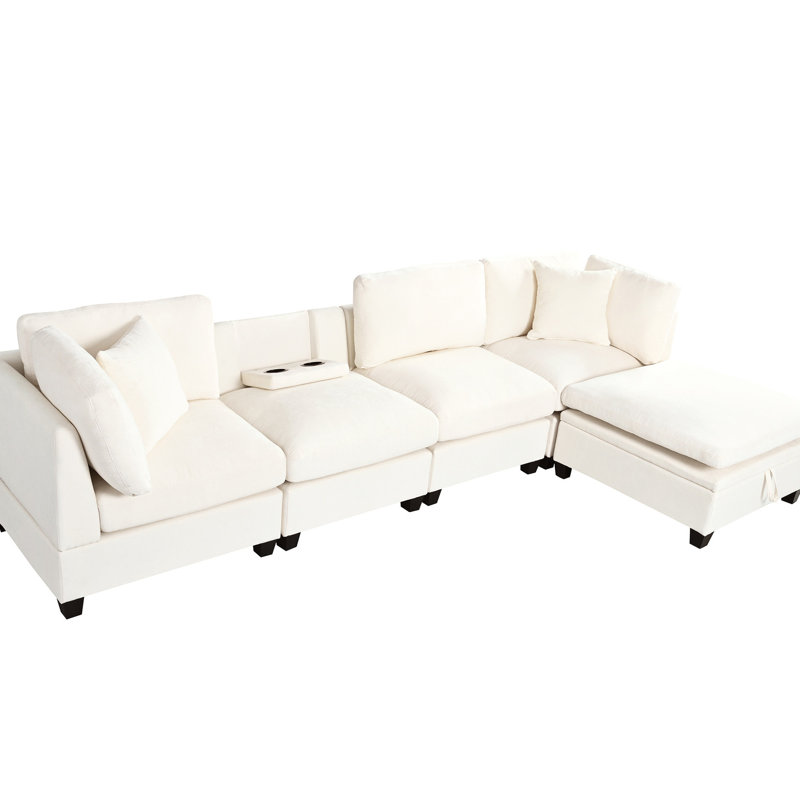 Beige rembourré 5 avec rangement et porte-gobelets cachés, construction, salon en tissu doux et porte-gobelets - 5, revêtement, coussins, sièges confortables,
