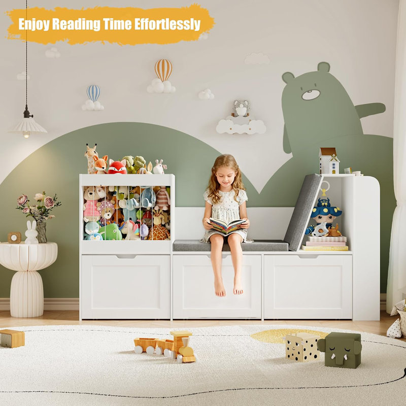66.9''W Kid Bookshelf with Reading Nook, Toys Storage Organizer with Stuffed Animal Storage, Bench and Removable Cushions, Wooden Toddler Bookcases with 3 Movable Drawers for Playroom, Bedroom(White)