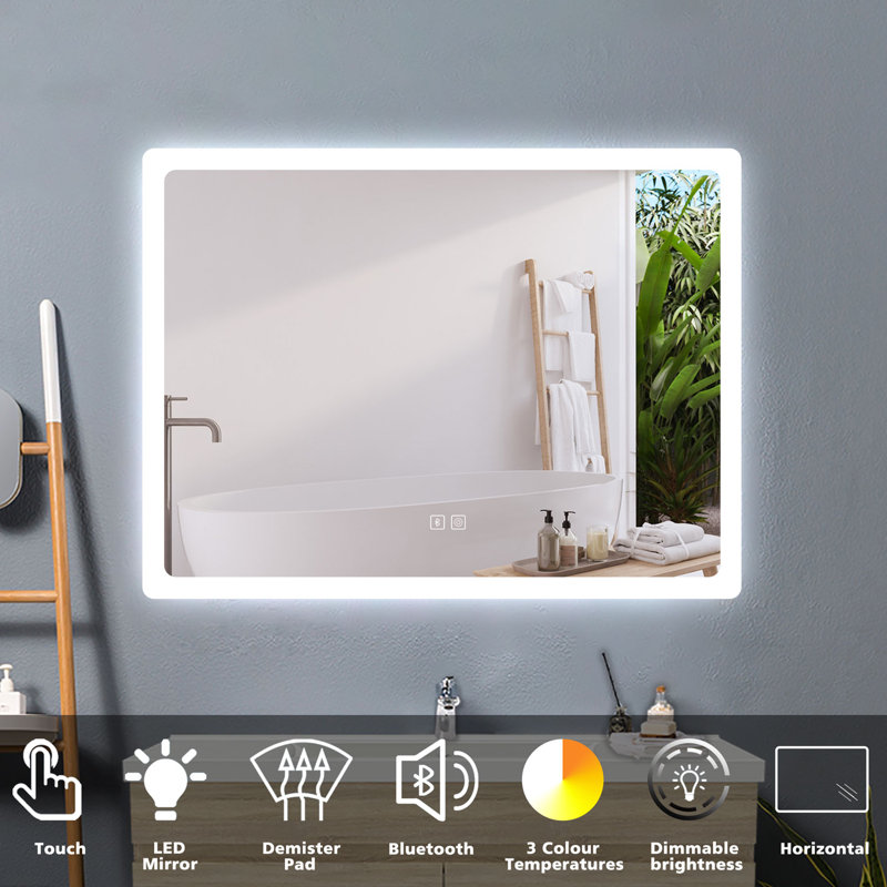 80x60cm Rectangular LED Mirror with Bluetooth,Adjustable LED Brightness,3 LED Colors,Anti-fog, 60cm x 80cm