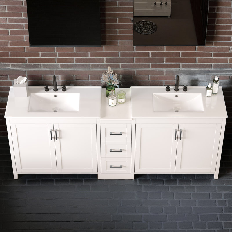 Meuble-lavabo double 84 po avec comptoir en quartz et rangement réglable?, Noir, Blanc