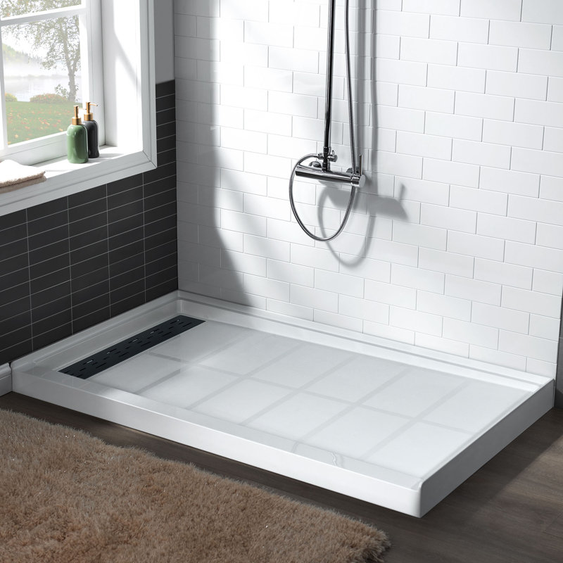 60" x 36" Solid Surface Single Threshold Shower Pan Base with Drain Assembly & Drain Cover Included, Non-Slip, Left