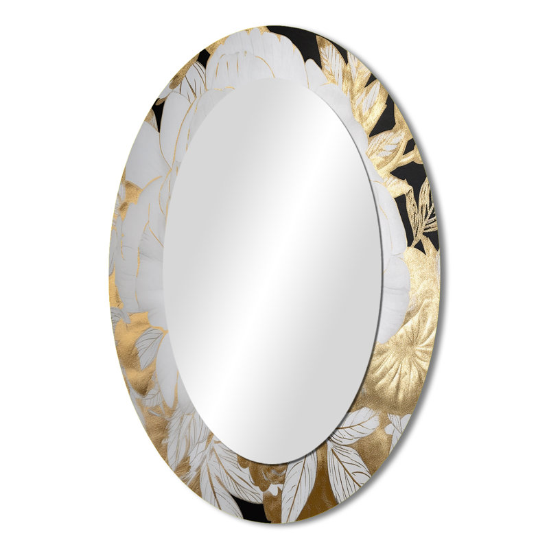 Exquisite White Rose Blooming Floral Gold Glam III - Floral Oval Decorative Mirror On Metal, 36" x 24"