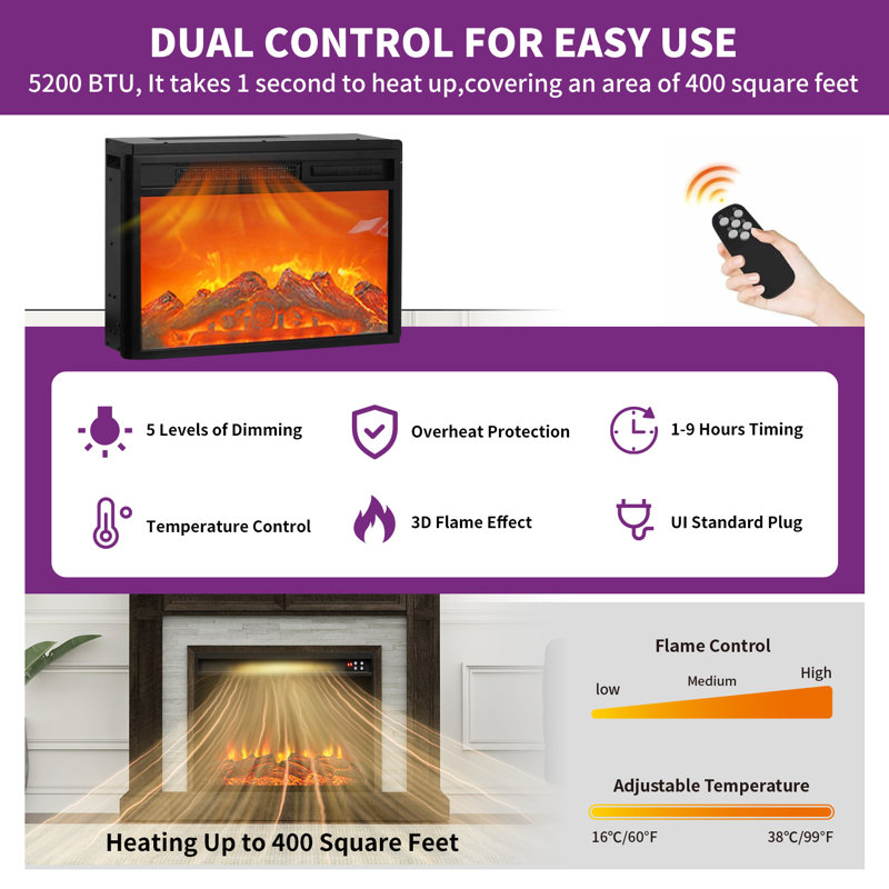 Symple Stuff 47" W Electric Fireplace 2 Drawer Remote Control Five Flame Brightness, Brown