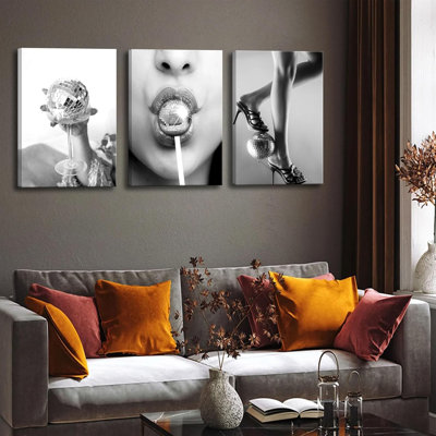 3Pcs Trendy Disco Ball Disco Canvas Wall Art Modern Black Funky Female Wall Decor Pictures 80S Disco Hot Girls Posters Prints For Home Living Room Wall Decoration Bar Cart Ready To Hang