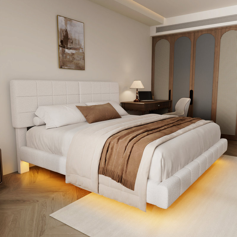 Lit, Boucle blanche flottant avec lumière, Très grand lit