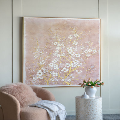 59.1x47.2" Hand-Painted Cherry Blossom Canvas Art with Blush Pink and Finish