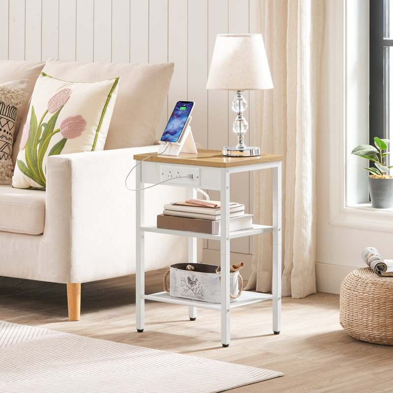 Romar 21.7'' Tall End Table with Built-In Outlets, Natural/White