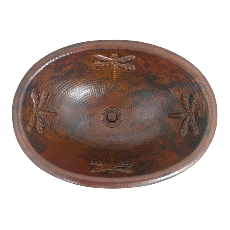 19" Oval Copper Oval Bathroom Sink with Dragonfly Design in Rio Grande, Lift & Turn Drain Included