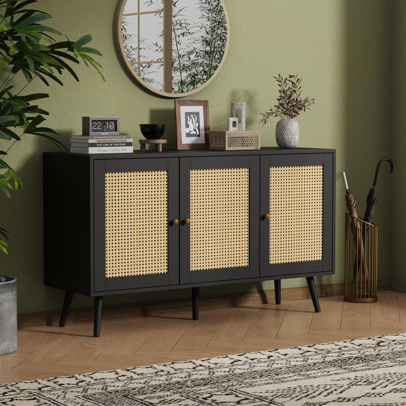 47.2" Rattan Sideboard Buffet Cabinet with 3 Doors, Boho Storage Cabinet with Adjustable Shelves, Console Table for Living Room, Dining Room, Entryway, Coffee Bar