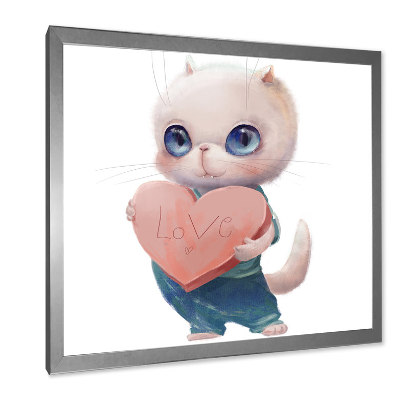 Mignon chat blanc avec cœur - reproduction d'art sur toile pour enfants, H 30 po x l 30 po x P 1 po, Cadre photo argenté