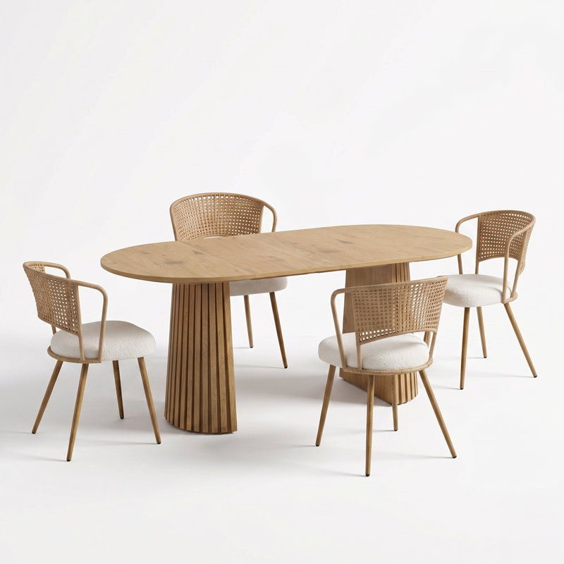 5 Piece Extendable Oval Dining Table Set For 4 Wood Look Kitchen Table With Rattan Back Upholstered Dining Chairs, Natural