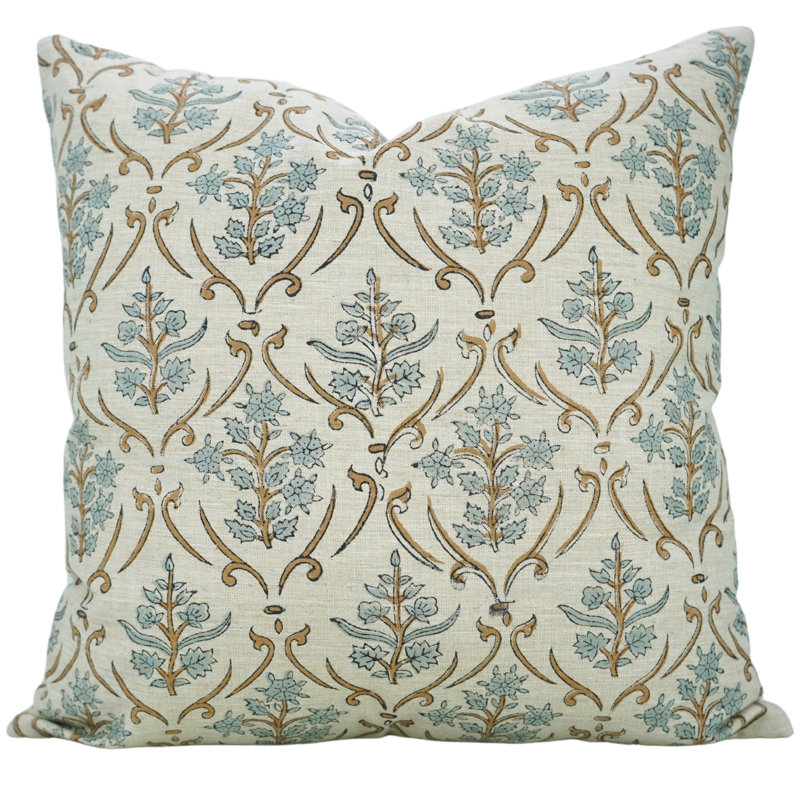 Fabdivine linen blend pillowcase cushion cover, throw, block print (vishal pushp, blue) 20"x20", Blue Floral 4, 18"H x 18"W
