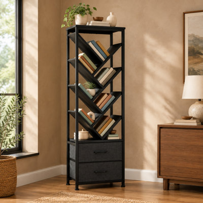 Étagère à livres en forme d'arbre à 8 niveaux, noire, avec tiroirs en tissu, haute tablette de rangement en bois pour chambre, salon, bureau ou coin.