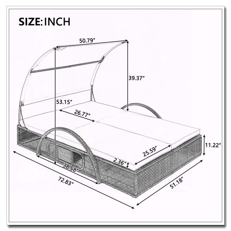 Chaise longue d'extérieur en acier avec dossier réglable, lit double de patio avec table d'appoint cachée et accoudoirs arqués