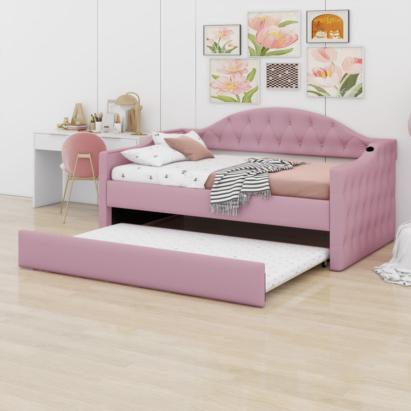 Tufted Upholstered Daybed With Trundle, With USB&Type-C Charging Ports, Pink