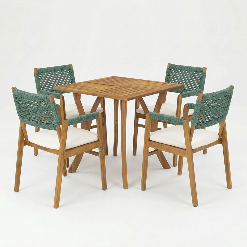 Brendalyn Outdoor 4-Person Acacia Wood Dining Set With Woven Rope & Cushions