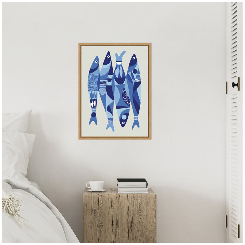 Modern Coastal Sardines in Blue by Rachel Lee 3 Birdies Studio Framed Canvas Wall Art Print