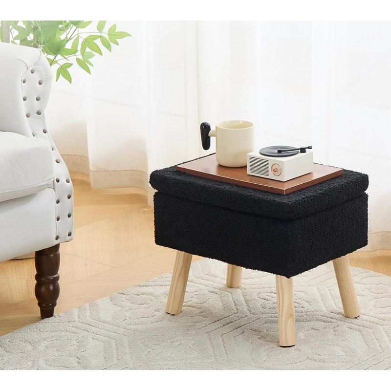 Petit tabouret d'appoint avec repose-pieds en bois, Noir