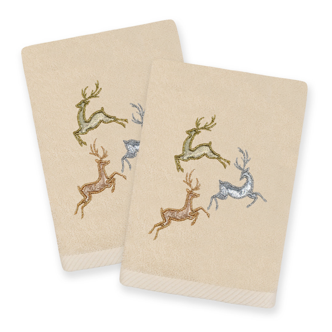 Christmas Leaping Deer Turkish Cotton Hand Towel (Set of 2) Linum Home Textiles