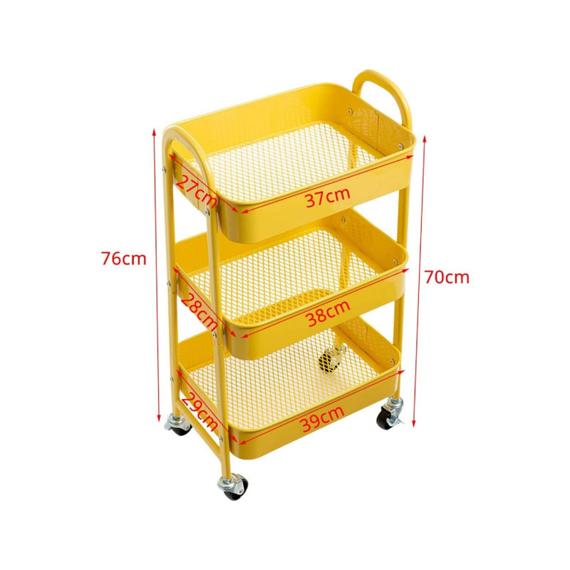 Storage Trolley on Wheels Rolling Kitchen for Books Room, 3 Tier Yellow