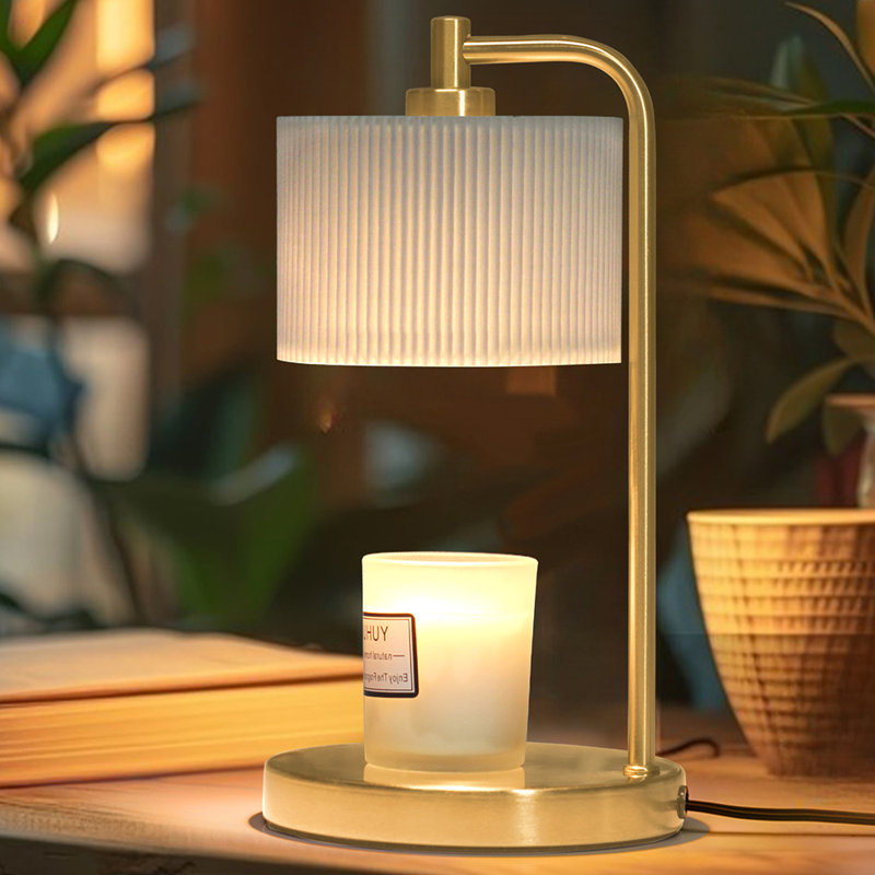 Lampe bougie chauffe-bougie avec minuterie, lampe bougie avec deux ampoules, chauffe-bougie à bougie, abat-jour en tissu blanc à base dorée