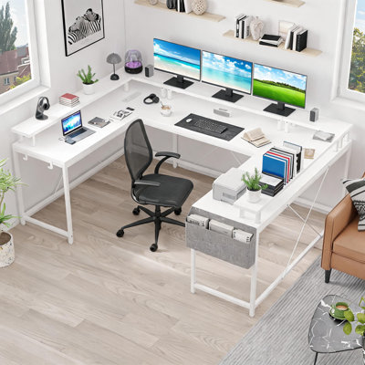 Bureau d'angle réversible en forme de U de 320 cm (126 po) avec prises électriques, éclairage DEL, support pour écran, étagères de rangement, sac et crochets, grande table d'ordinateur de coin pour la maison ou le bureau, finition saule blanc