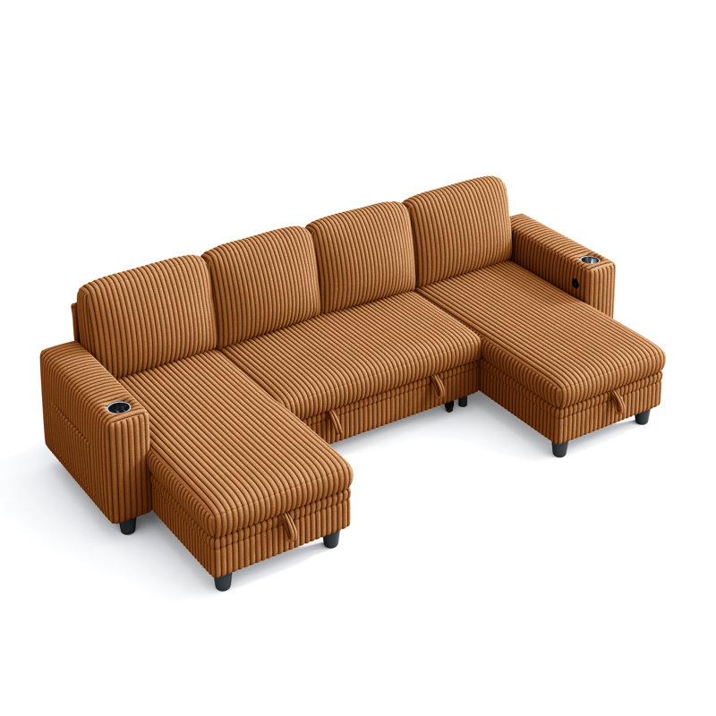Sherry 106“ U Shaped Corduroy Sleeper Sectional With Storage Chaise & Usb Charging, Soren Brown Corduroy, 4 Pieces
