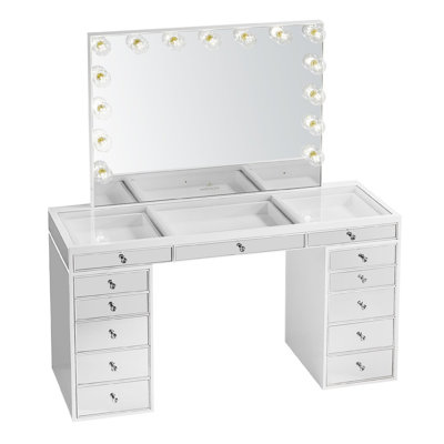 SlayStation Pro Premium Vanity Table with Mirror, Double Decker Drawers and Clear Glass Top 