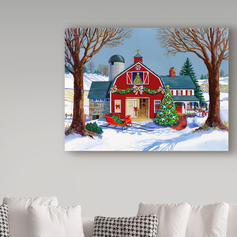 Large Red Barn Christmas Landscape Canvas Art
