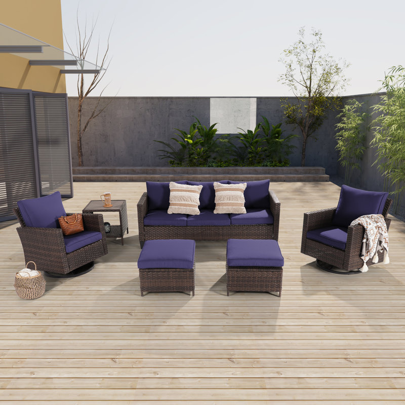 Ensemble de conversation d'extérieur en osier avec chaises pivotantes 6 pièces Linntown, Bleu marine