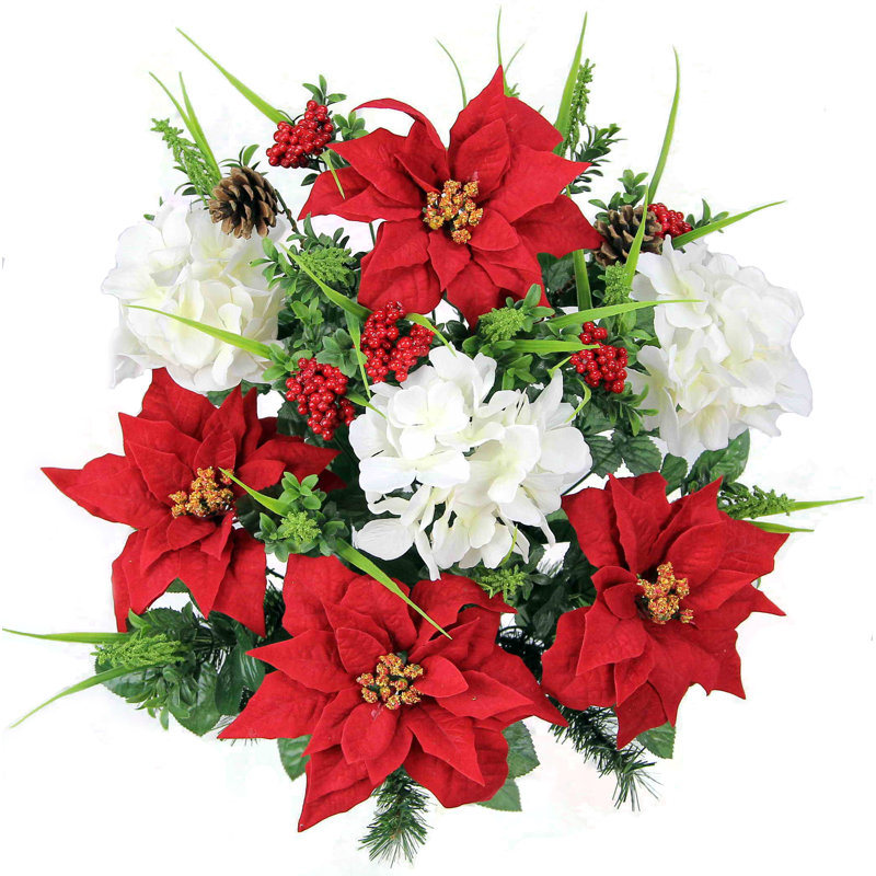 Arrangement de fleurs mélangé avec poinsettias et hortensia., Blanc et rouge