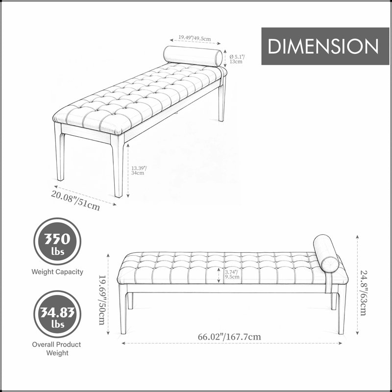 Banc de lit 66 po en cuir de nano avec capitonnage et appui-tête, Taupe, Taupe