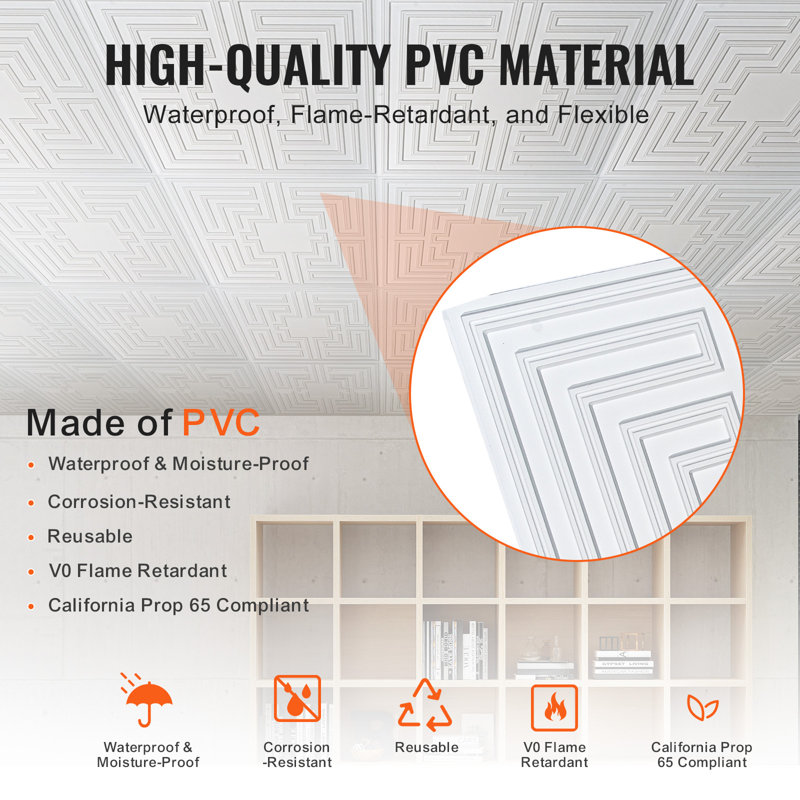 White 24x24 PVC 3D Textured Drop Ceiling Tiles, 12-Pack