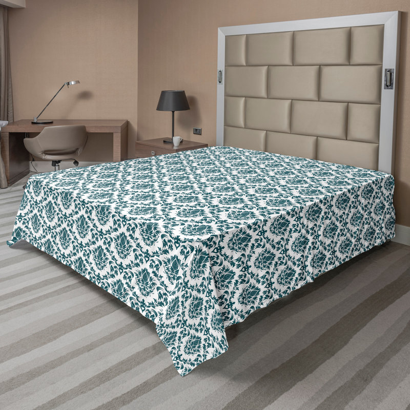 Ambesonne Top Flat Sheet Curving Art, Full Flat Sheet, Green White Damask
