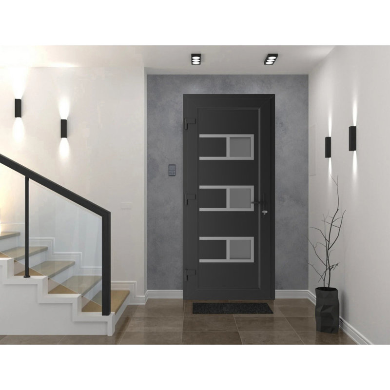 Porte d'entrée extérieure prémontée en PVC-U métal-plastique Manux 8933, noir mat, pour bureaux, commerces et habitations. Convient à l'entrée, au patio et au garage. Largeur : 81 cm x Hauteur : 203 cm. Ouverture à droite vers l'intérieur.