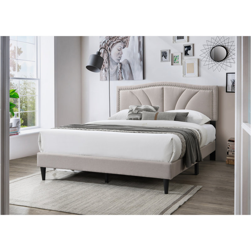 Queen Platform Bed, Burlap Upholstered, Light Brown