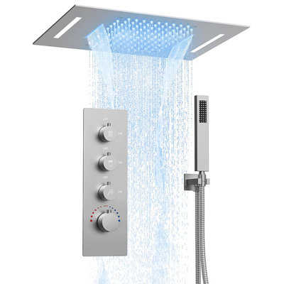 Système de douche thermostatique à DEL de 23 pouces à montage au plafond avec effet pluie et cascade et douchette à main