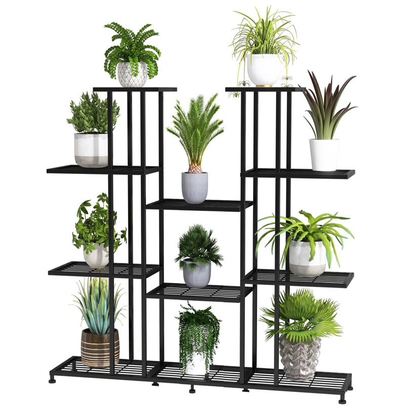 Support pour plante à 9 niveaux et 17 pots en métal, pour l'intérieur et l'extérieur, avec un design décoratif en acier noir
