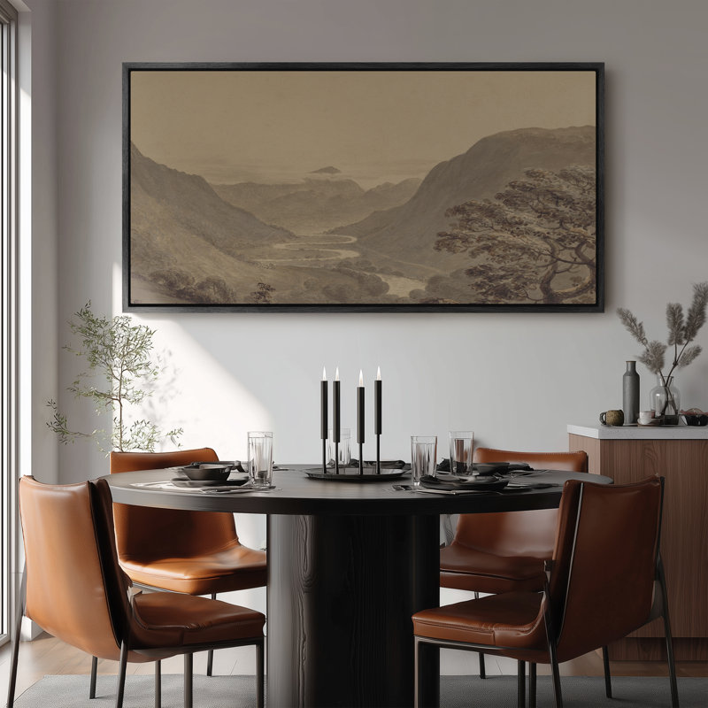 Grand art mural encadré sur toile - Paysage de vallée de montagne sépia avec rivière et collines lointaines - 60 po x 20 po, 60 po x 30 po