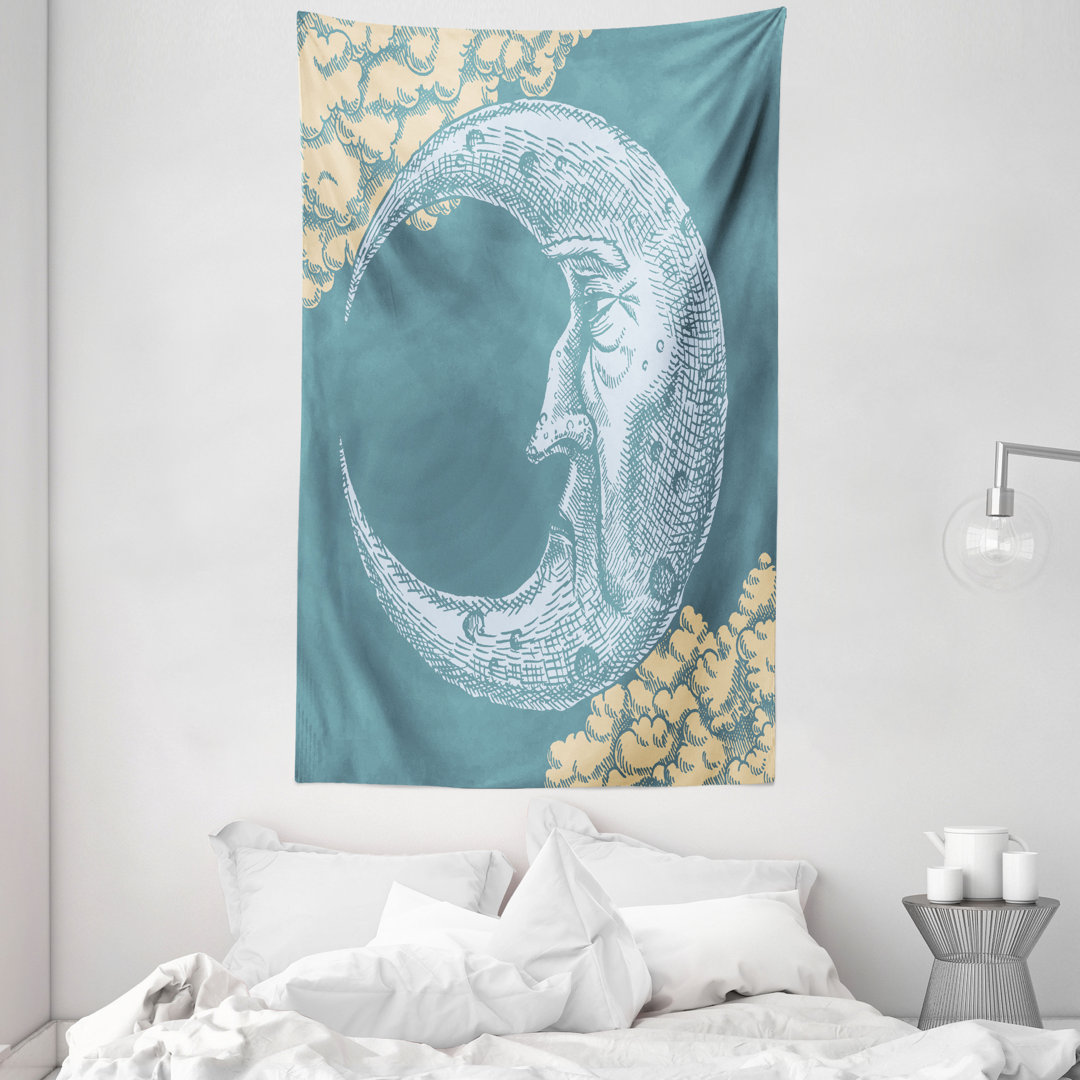 Wandteppich, Vintage Crescent Moon, Mond, Blaugrau Senf