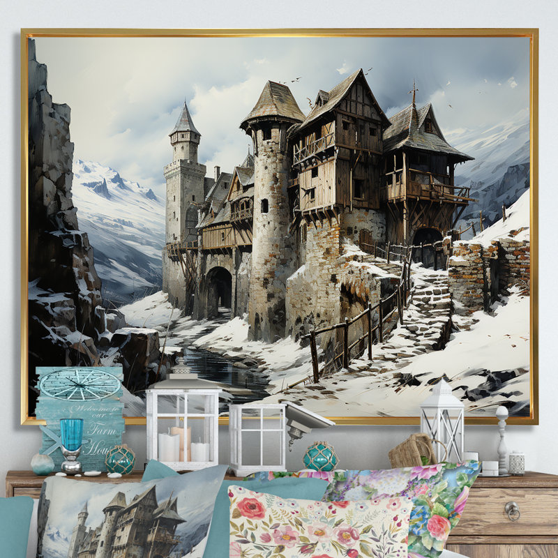 Mediaval Castle In Winter Charm I - Châteaux, art mural, Cadre flottant doré, H 16 po x l 32 po x P 1 po