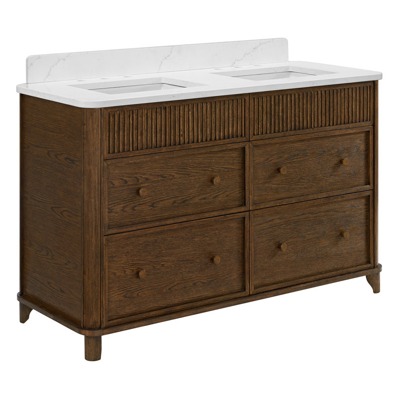 Meuble-lavabo double 54 po avec comptoir Statuario, Chêne brun rehaussé, 54"