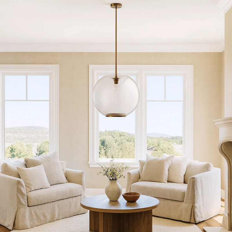 Leio Ceiling Pendant Light, Clear Blown Glass, Antique Brass, 20 Inch