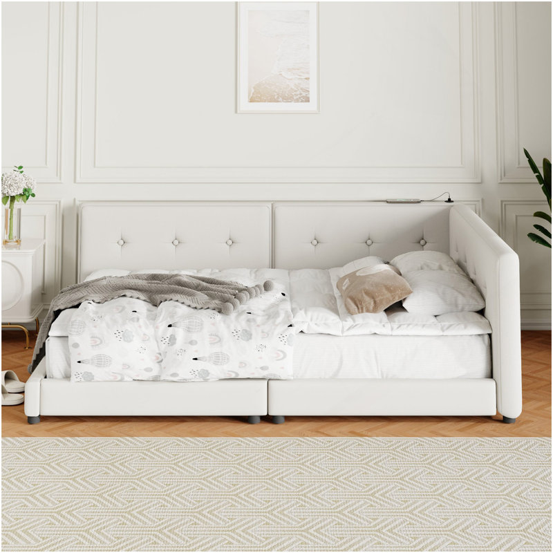Lit plateforme tapissier grand avec ports USB, beige, Beige, Grand lit