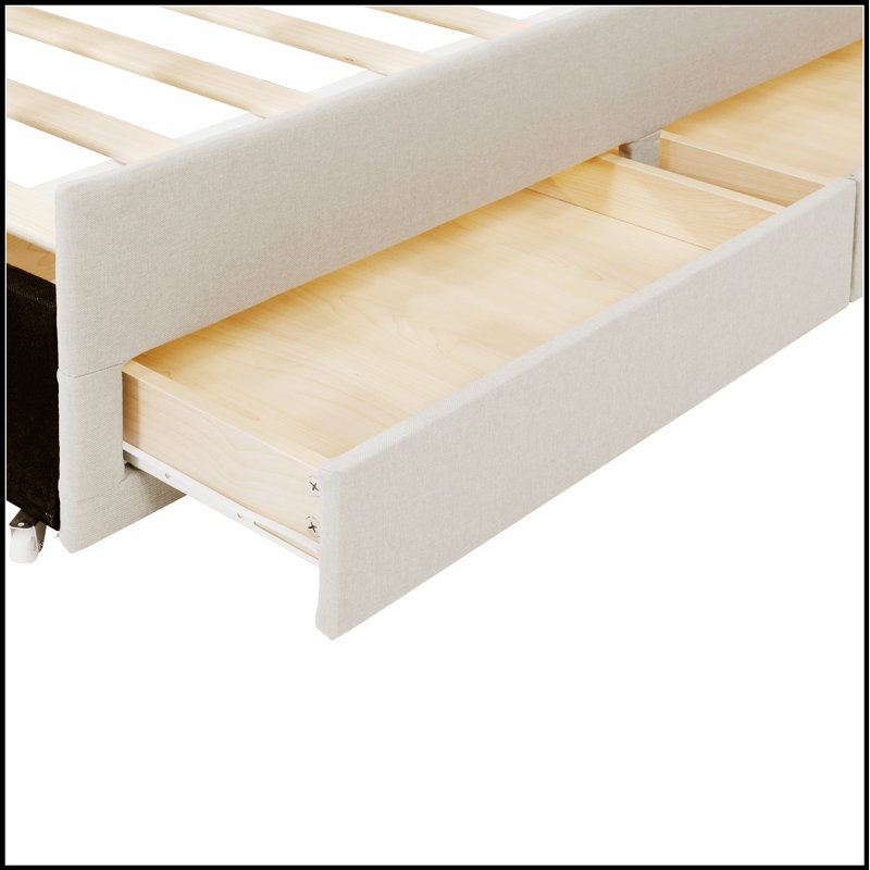 Lit plateforme tapissier avec lit gigogne et 3 tiroirs, tissu en lin pour un espace de sommeil élégant et pratique, Beige