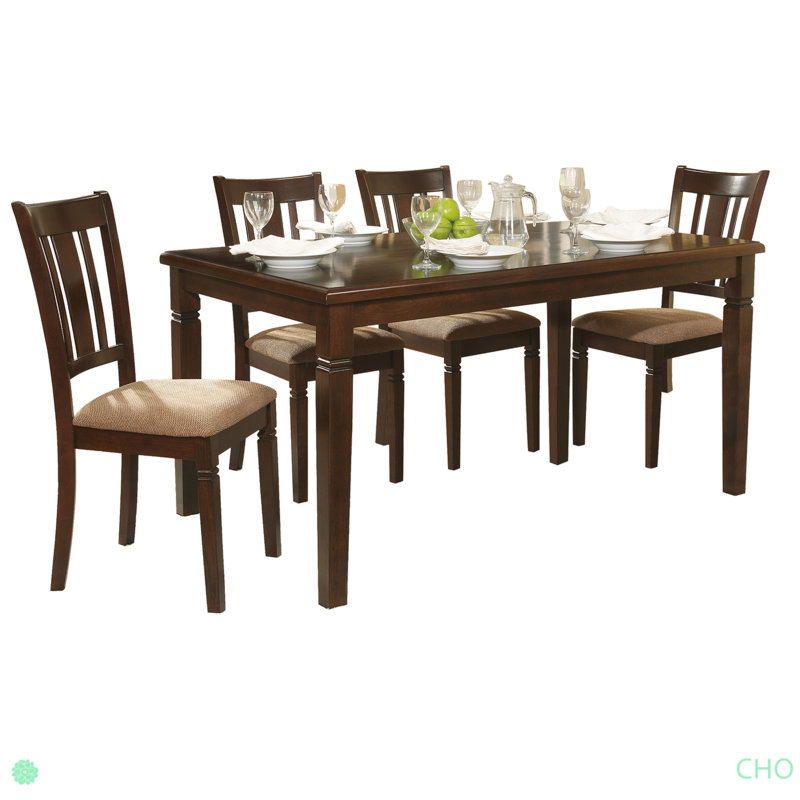 5Pc Transitional Style Dining Furniture Set Table And 4X Side Chairs Fabric Upholstered Seat Espresso Finish Wood