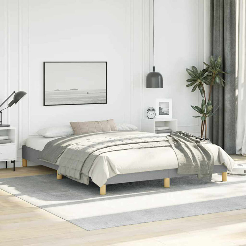 Structure de lit en polyester gris clair avec contreplaqué et lit plateforme tapissier en bois d'ingénierie