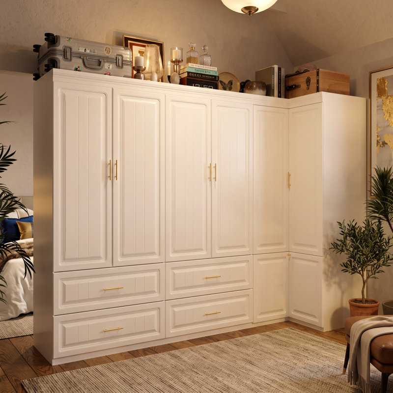 Ensemble de garde-robe modulaire avec garde-robe de coin en L, 4 tiroirs, tablettes et tringles pour le rangement de la chambre à coucher