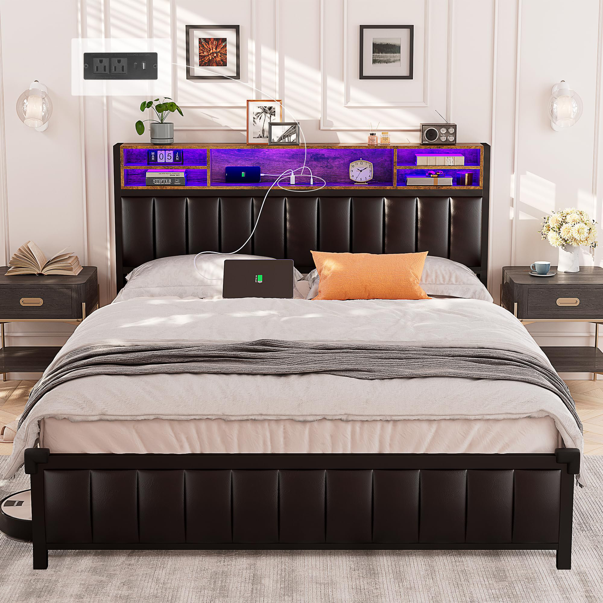 Winston Porter Merill Metal Platform Bed Frame with LED Light, Charging